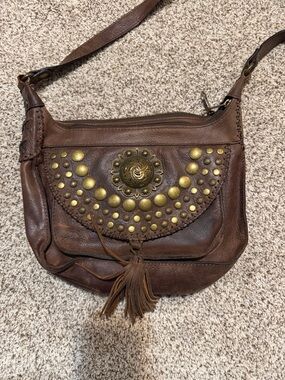 Patricia Nash Brown Leather Crossbody with Brass Medallion and Tassel